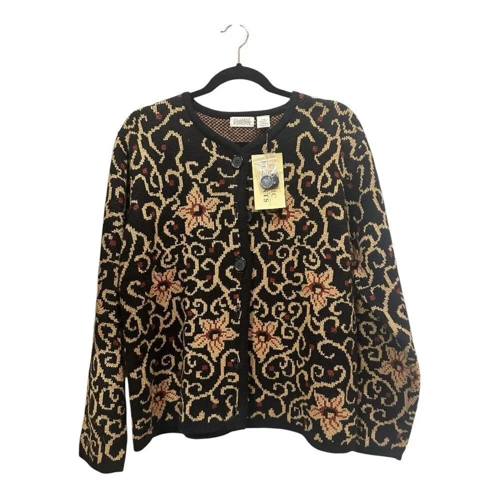 Sears Vintage Classic Elements NWT Black Floral Knit Cardigan Sweater - Picture 4 of 12